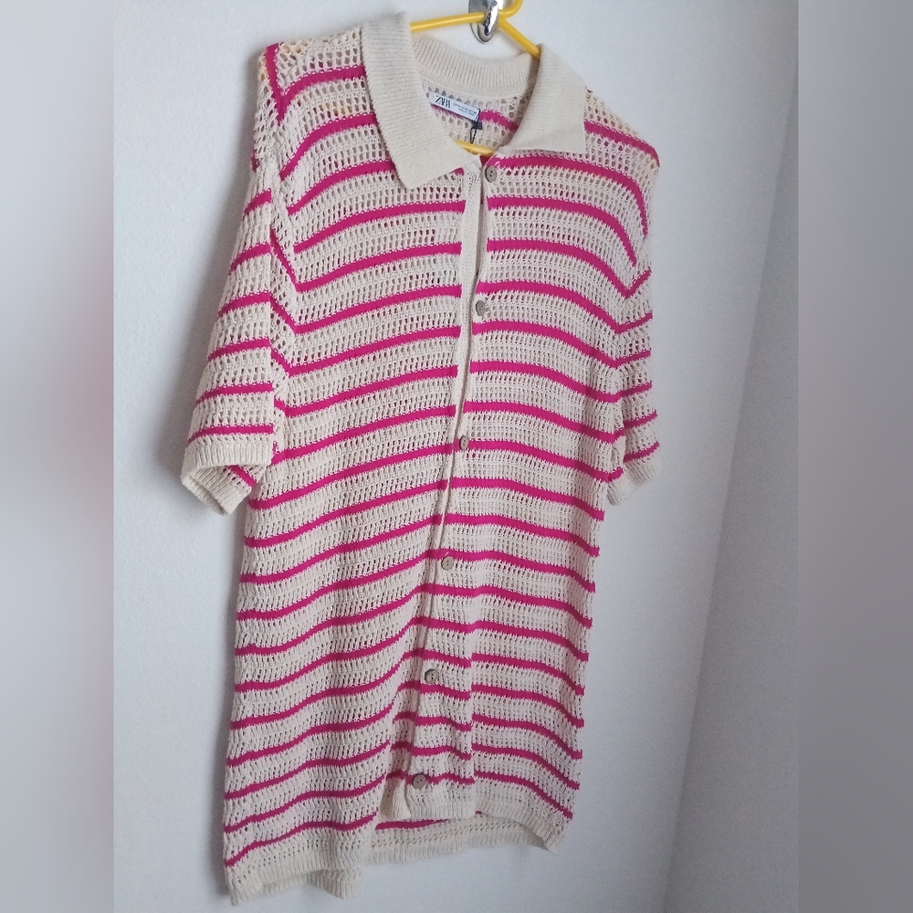 Zara Cardigan Women M Cream and Pink Knit Sweater Layering Academia Office Y2K